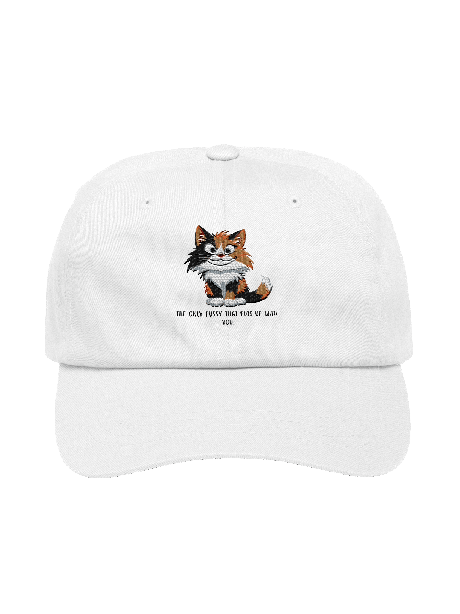 "The Only Pussy That Puts Up With You" – Funny Calico Cat Embroidered Hat | Sarcastic Humor Hat product image (3)