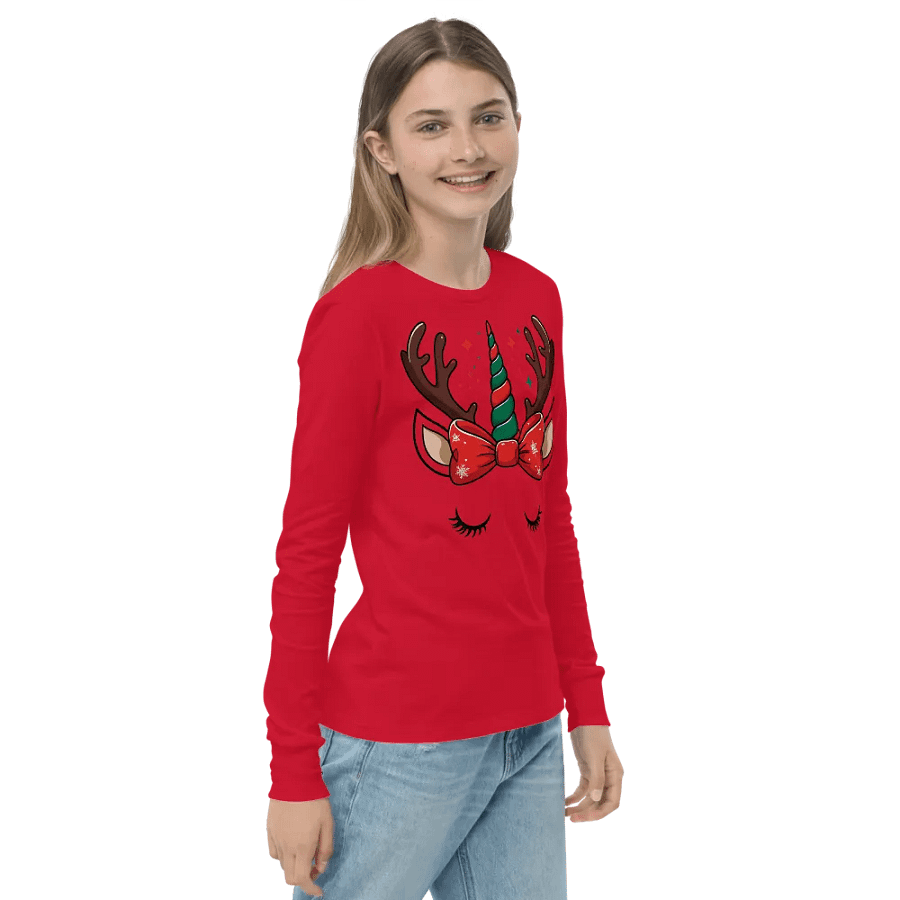 Whimsical Reindeer Unicorn Youth Long Sleeve Tee Red product image (4)