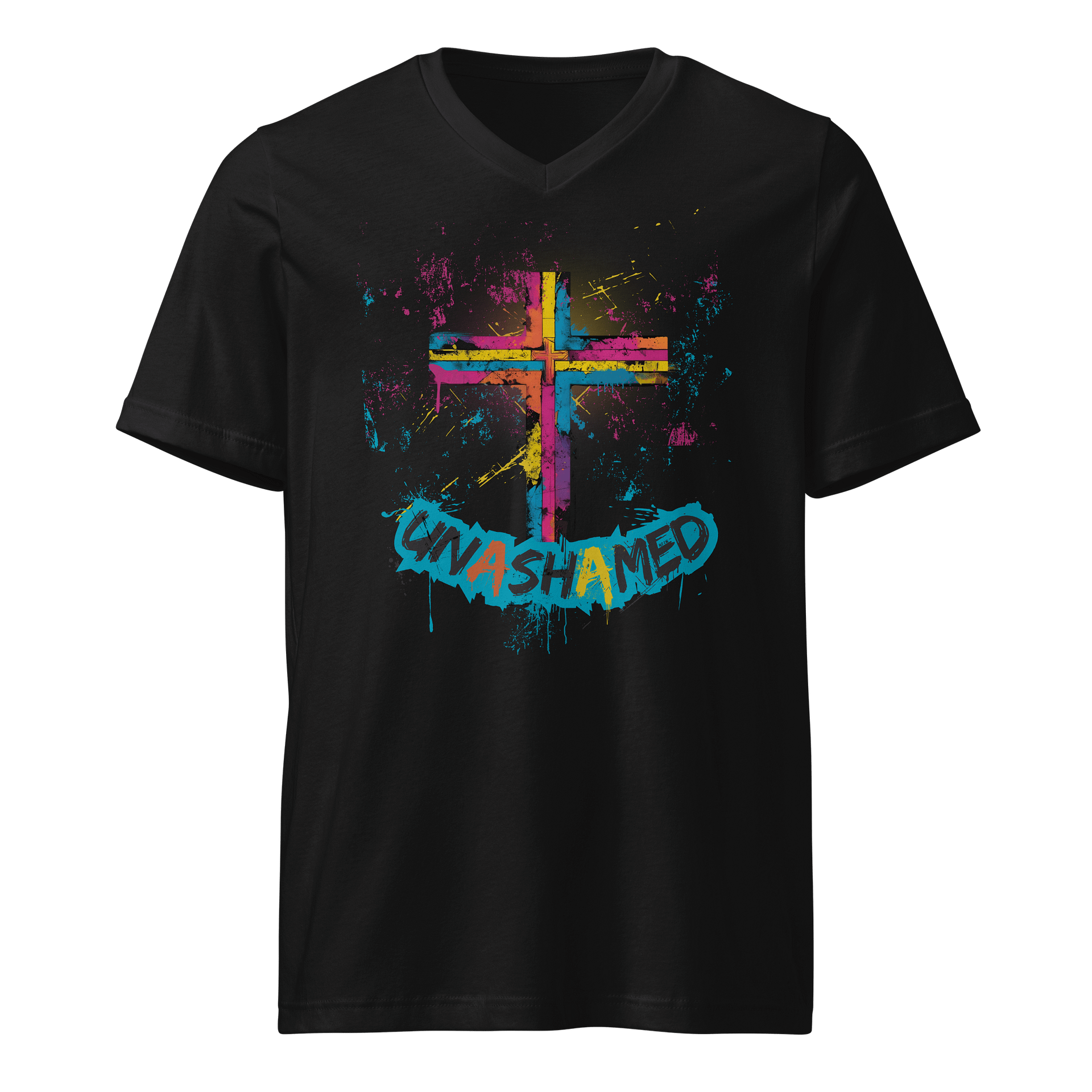 Unashamed Ro 1:16 Cross V-Neck T-Shirt - Unisex Bella + Canvas fit product image (1)