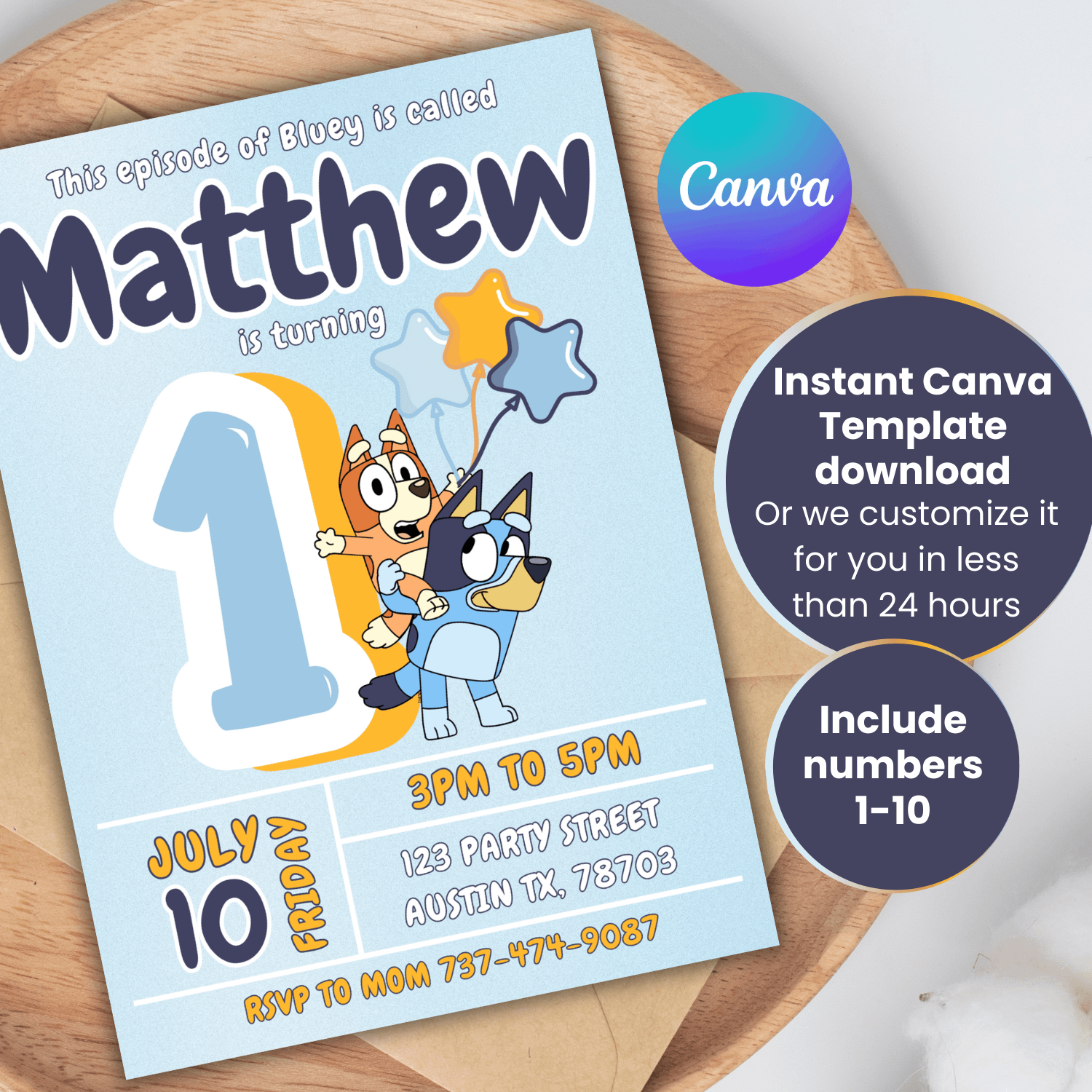 Digital Bluey Birthday Invitation- All numbers 1-10 -Kids Boy Party Invite, Canva Template for Digital Download product image (1)