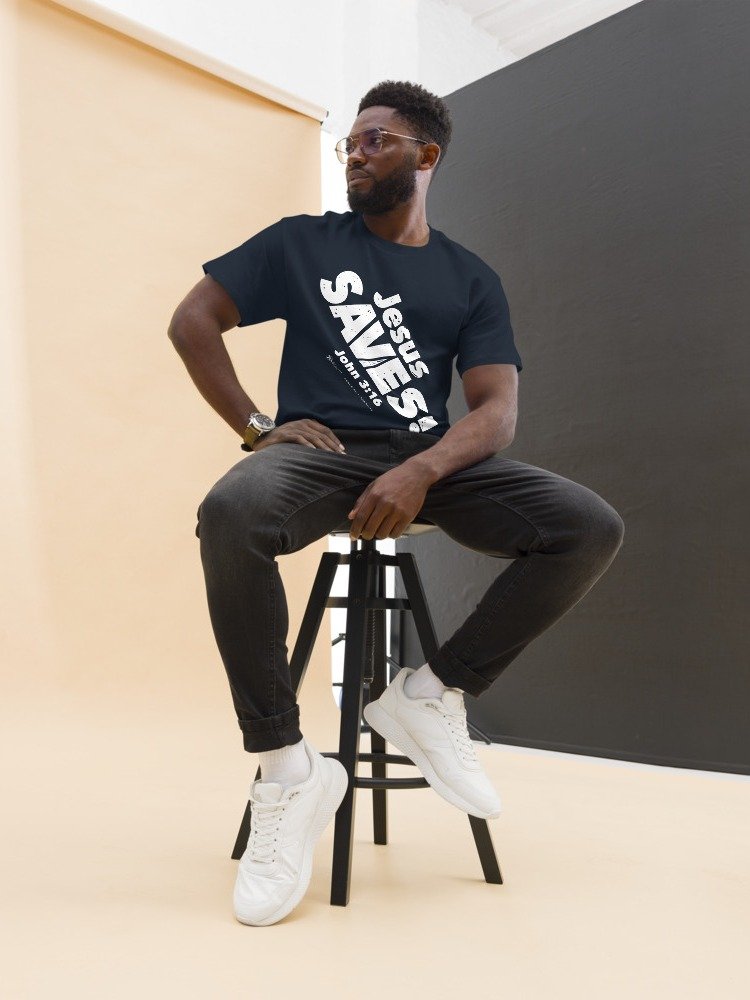 Jesus SAVES! Heavyweight Unisex Crewneck T-shirt | Gildan® 5000, White on Dark Colors product image (2)
