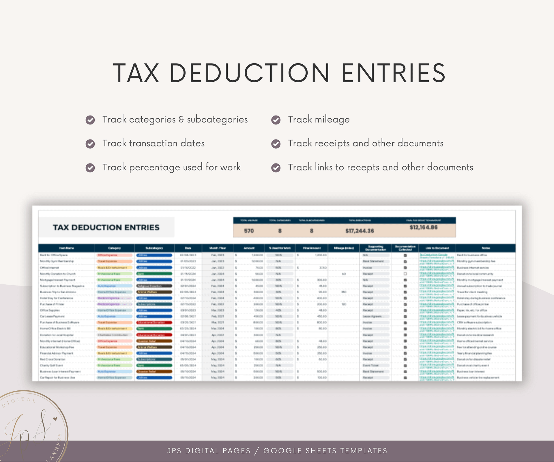Australian Tax Deductions Tracker & Dashboard Spreadsheet, Google Sheets Template product image (4)
