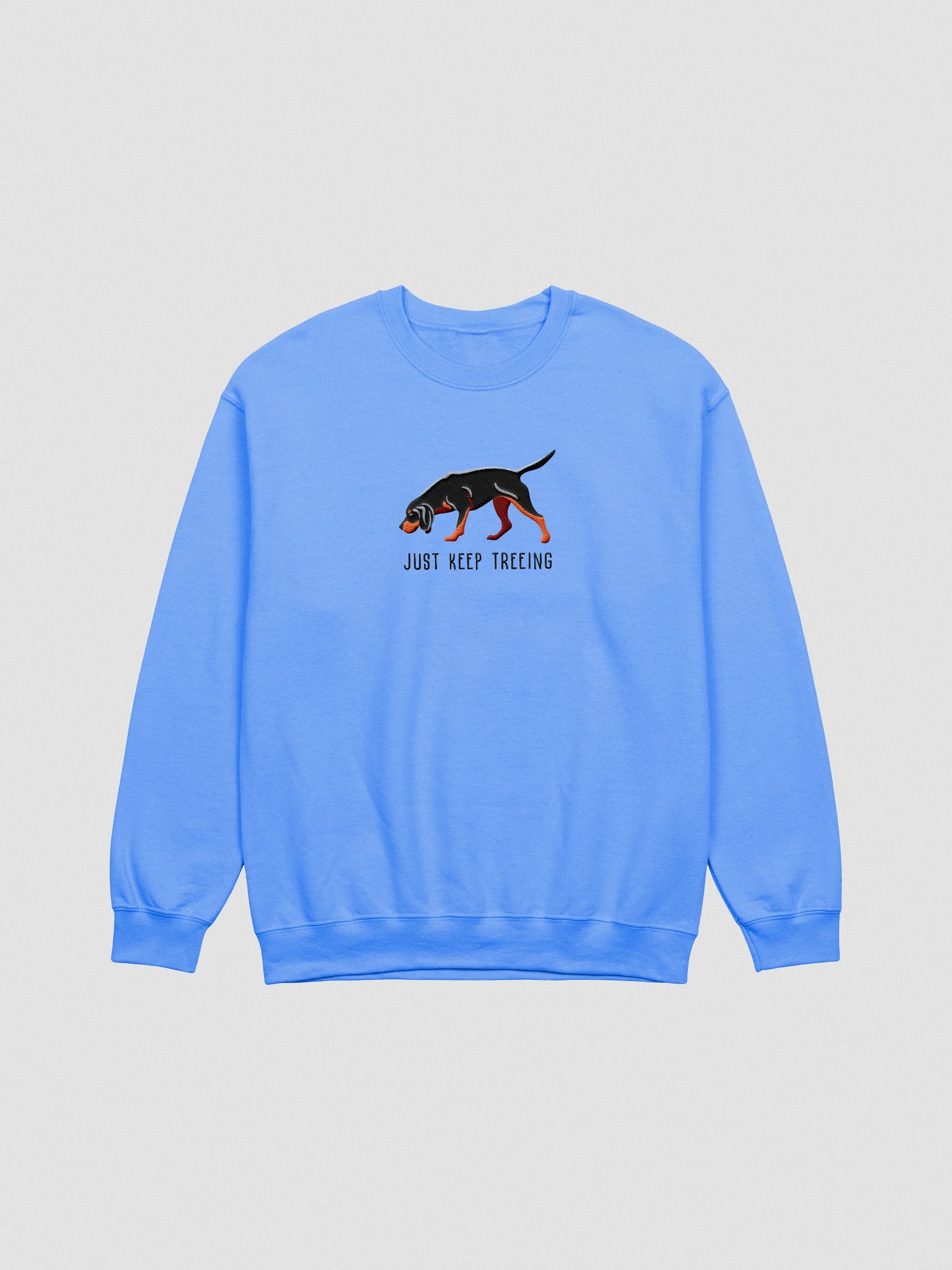 Just Keep Treeing Sweatshirt (Embroidered) of a Black & Tan Coonhound product image (4)