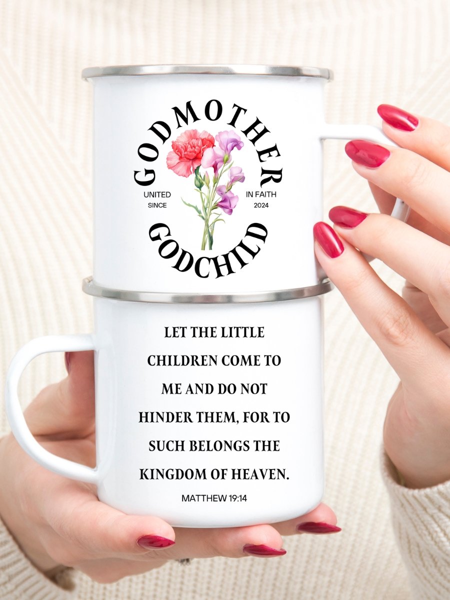 Floral godmother proposal Christian enamel mug with Bible verse - Camping gear Enamel Mug product image (1)