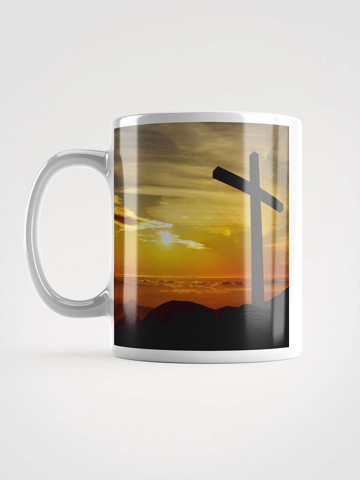 Large cross silhouetted against a dramatic sunset & a cross placed on top of a rocky hill, bathed in the warm glow of a sunrise or sunset Mug product image (2)