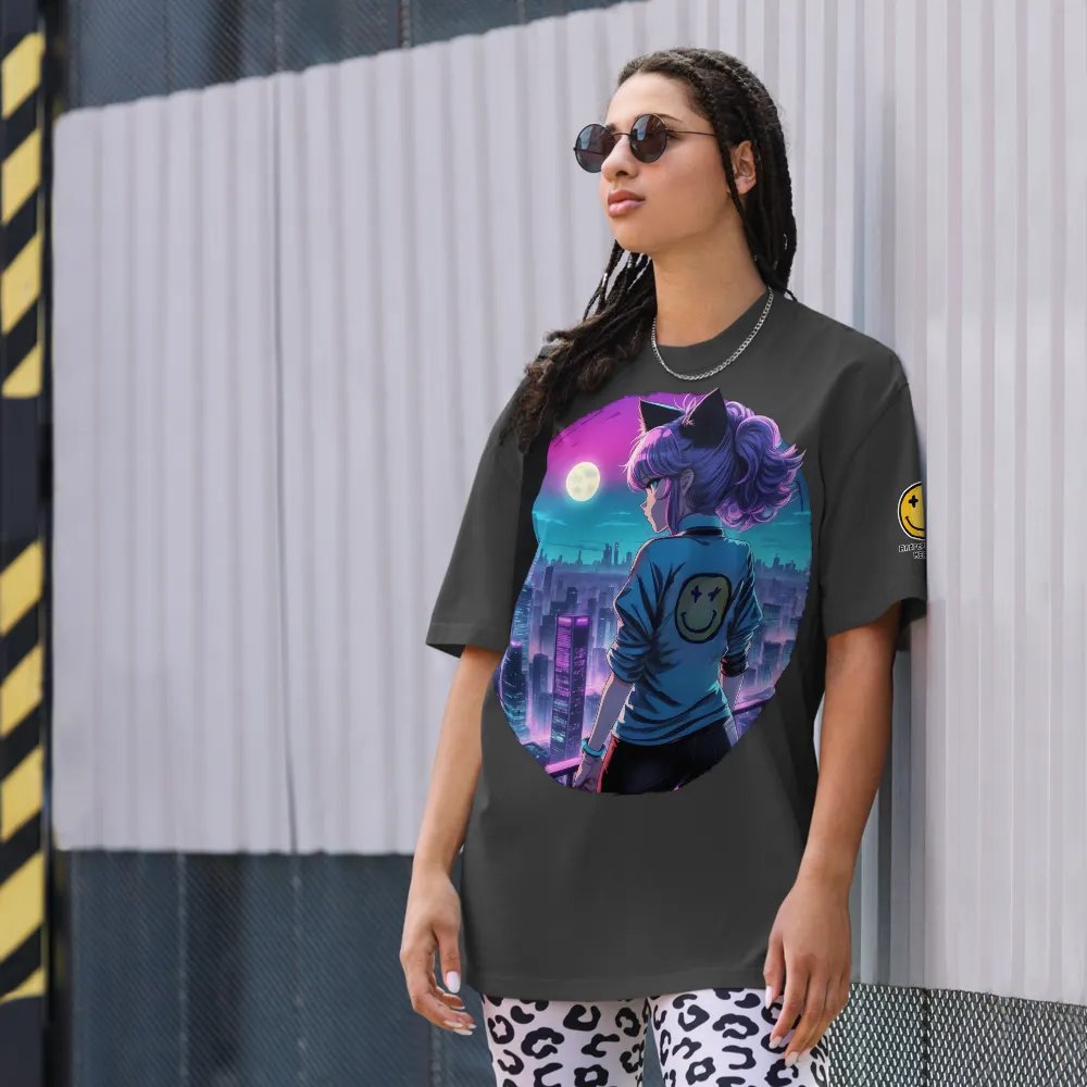 Anime Catgirl Rooftop (AS Colour Premium Oversized Faded T-Shirt) product image (11)