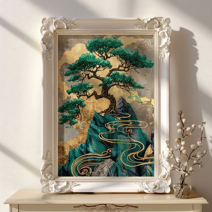 Emerald Green& Gold Kintsugi Bonzai Tree Japanese Art Print product image (17)