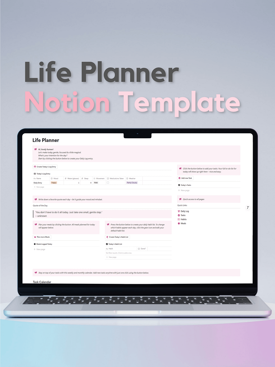 All-in-One Life Planner Template for Notion – Daily Planner, Tasks, Habits & Meal Tracker product image (1)