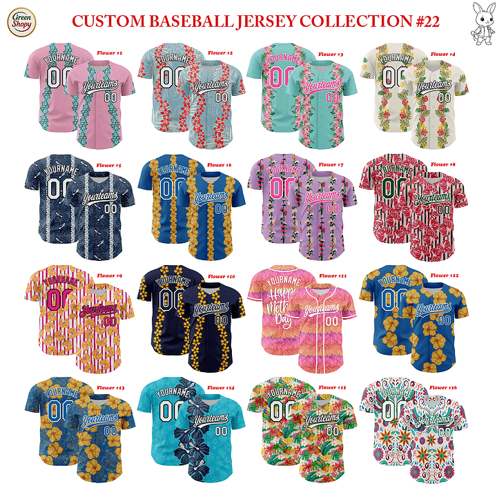 Authentic Baseball Jersey, Custom Baseball Jersey, Personalized Sport Jersey, Hawaiian Colorful, Multi Beautiful Flowers, Number product image (1)