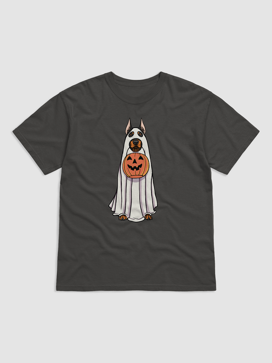Funny Halloween Doberman T-Shirt | Funny Doberman Wearing a Ghost Costume and Holding a Pumpkin Basket product image (4)