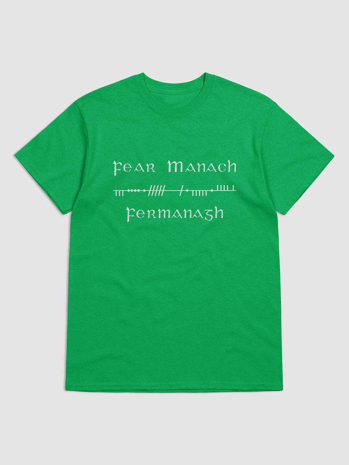 Fermanagh/Fear Manac Scholastic style Ogham, Green with white printed T-shirt product image (1)
