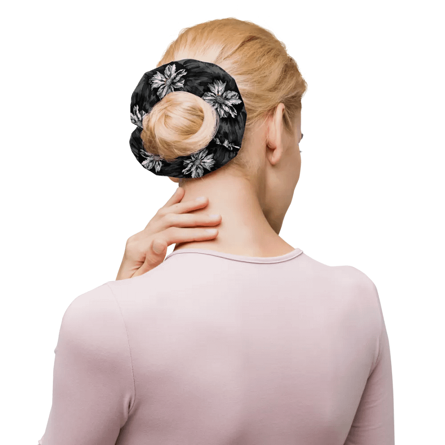 Hair Scrunchie - Painted Gray Flowers on a Black Background product image (10)