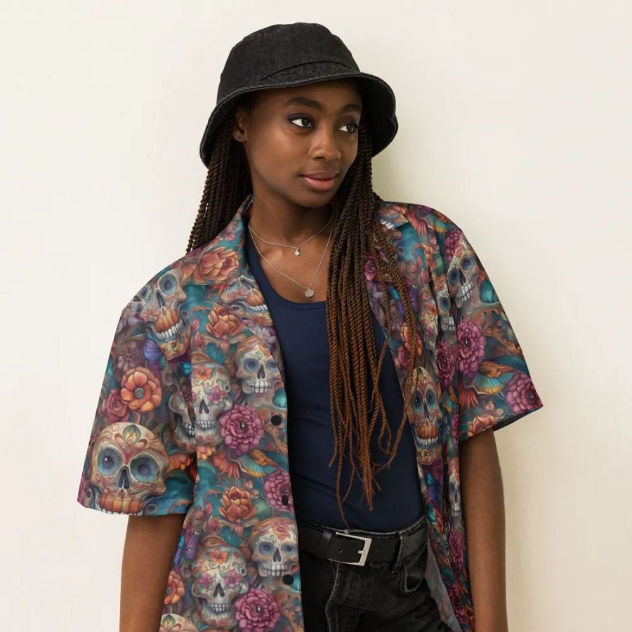 Dia de los Muertos Pattern: Sugar Skulls and Butterflies Hawaiian Shirt product image (6)