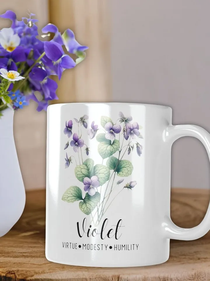 Violet Ceramic White Mug: Virtue, Modesty, Humility, February Birth Month Flower product image (2)