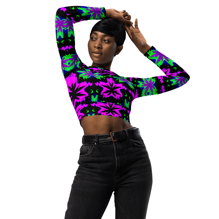 Neon Raver Reefer Stoner Summer Recycled Long-Sleeve Crop Top, Black Hot Pink Green Ganja Weed Shirt, 420 Cannabis Festival Pot Leaf Fashion product image (4)