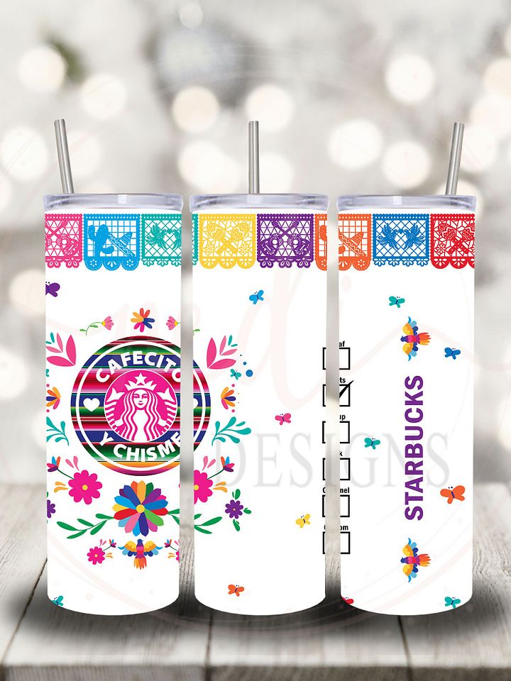 Tumbler Cups | 20oz Skinny Tumbler | Cafecito Y Chisme Fiesta White Tumbler | Personalized Tumbler | Mexican Tumbler with Straw product image (1)