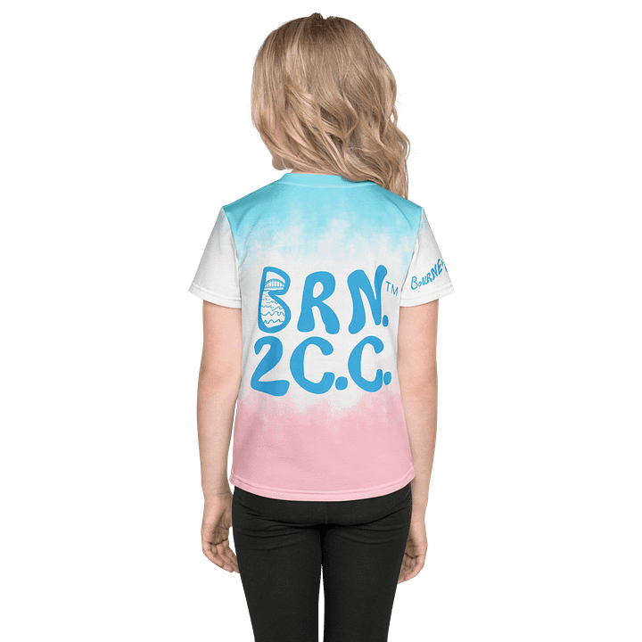 Girls' | Kids T-Shirt | BOURNE to Cape Cod™ | Front & Sleeve Logo | BRN.2C.C.™ Back Graphic | Vibrant Coastal Tee for Kids | Blue Logo on Patriotic Pastels product image (2)