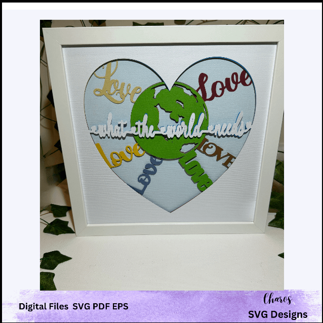 3D SVG 'What The World Needs' Heart-Shaped Earth Embraced by Love Layered Shadow Box Design product image (2)