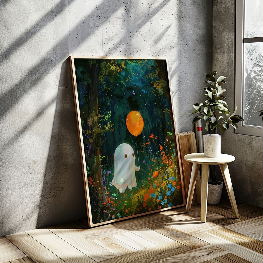 Cute Ghost with a Balloon Whimsical Halloween Art Print product image (6)