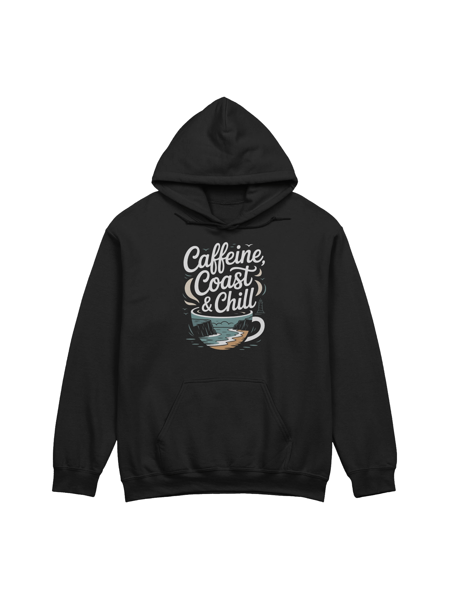 Caffeine, Coast & Chill Hoodie – Your Cozy Cornwall Escape product image (2)