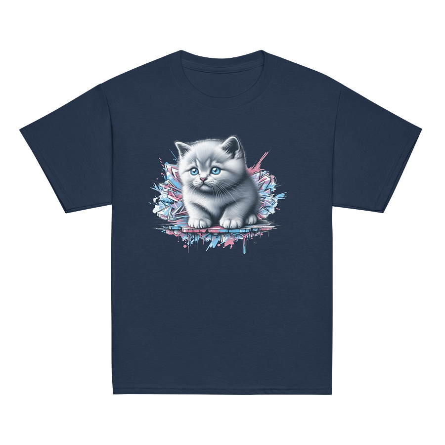Kids British Shorthair Kitten T-Shirt – Cute Blue-Eyed Cat Graffiti Art Tee | Cool Urban Style for Animal Lovers product image (2)