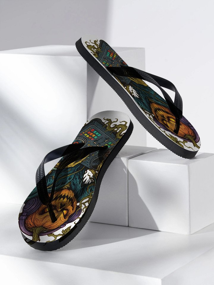 Theatrically Jerry: "DJ Jack-O-Lantern Spins Halloween Beats" Flip-Flops product image (2)