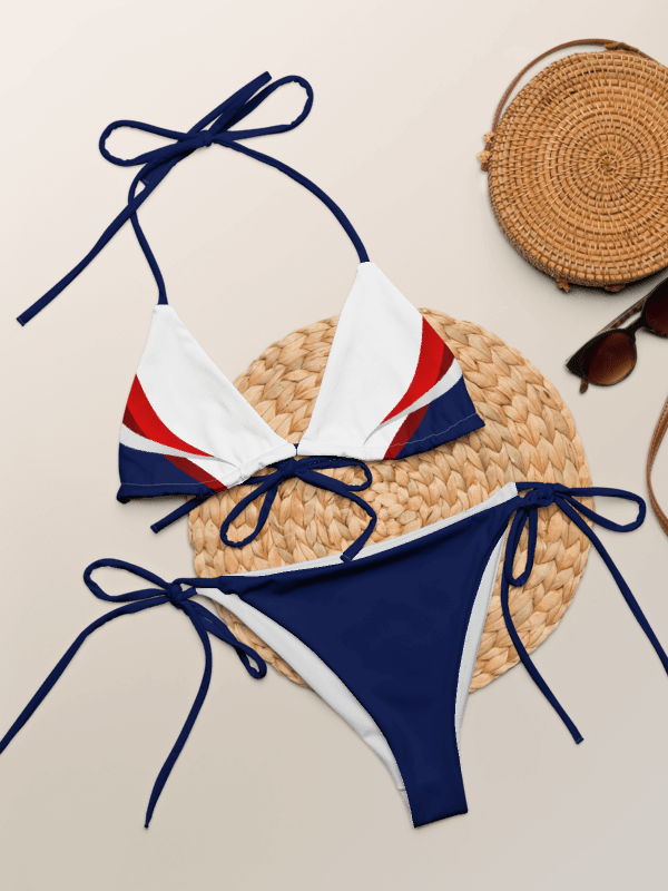 Low Rise Cheeky String Bikini, Red White And Blue Top, Blue Bottoms product image (1)