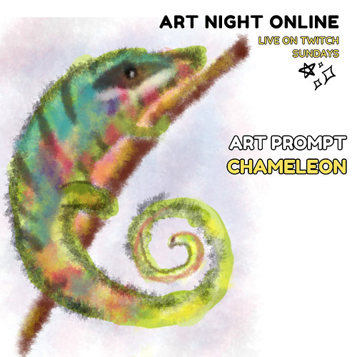 It's Sunday so we play #tunes and make #art! Join us on #Twitch NOW! Today your prompt is #Chameleon! Art by the amazing Dund...