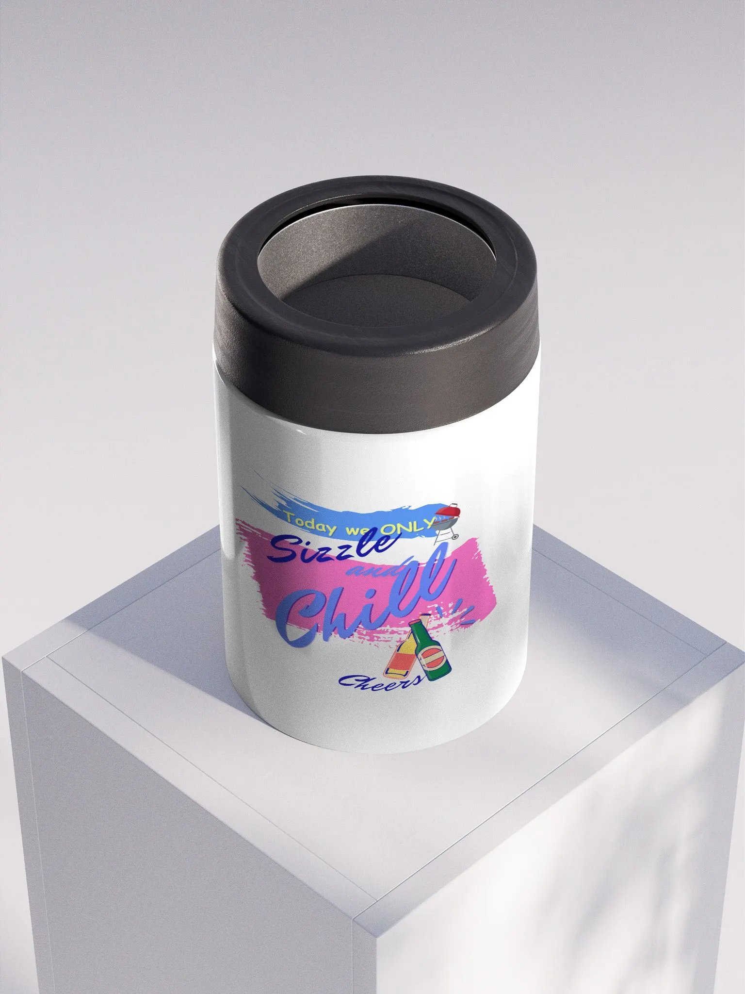 Stainless steel Koozie for your summer parties.   ‘Today we only Sizzle and chill’ design product image (4)
