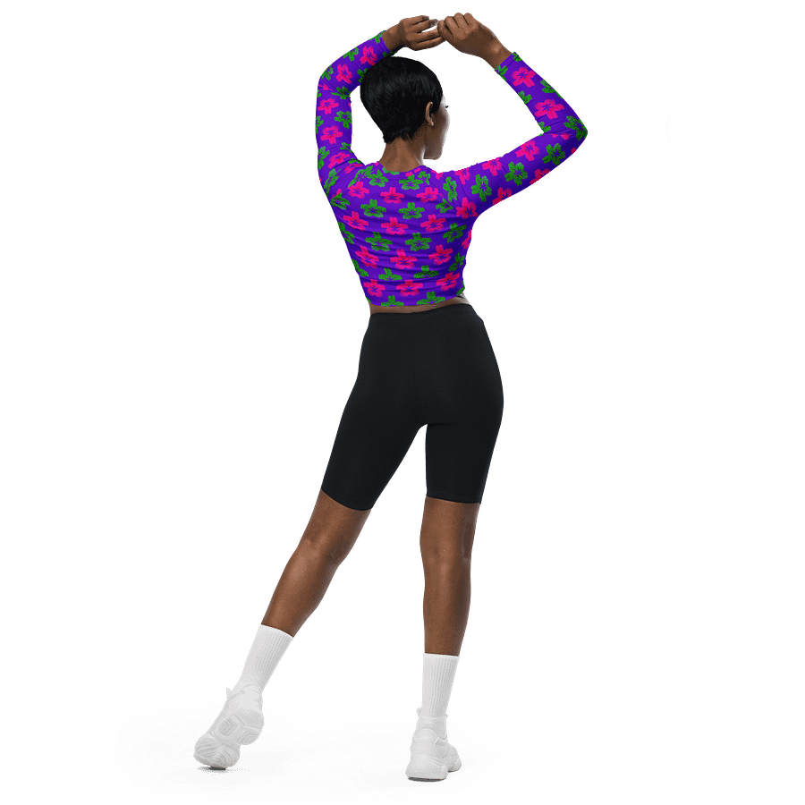 Cannabis 420 Flower Recycled Long-Sleeve Crop Top, Stoner Summer Weed Shirt, Neon Green Pink Purple Pot Leaf Reefer Raver Festival Fashion product image (6)