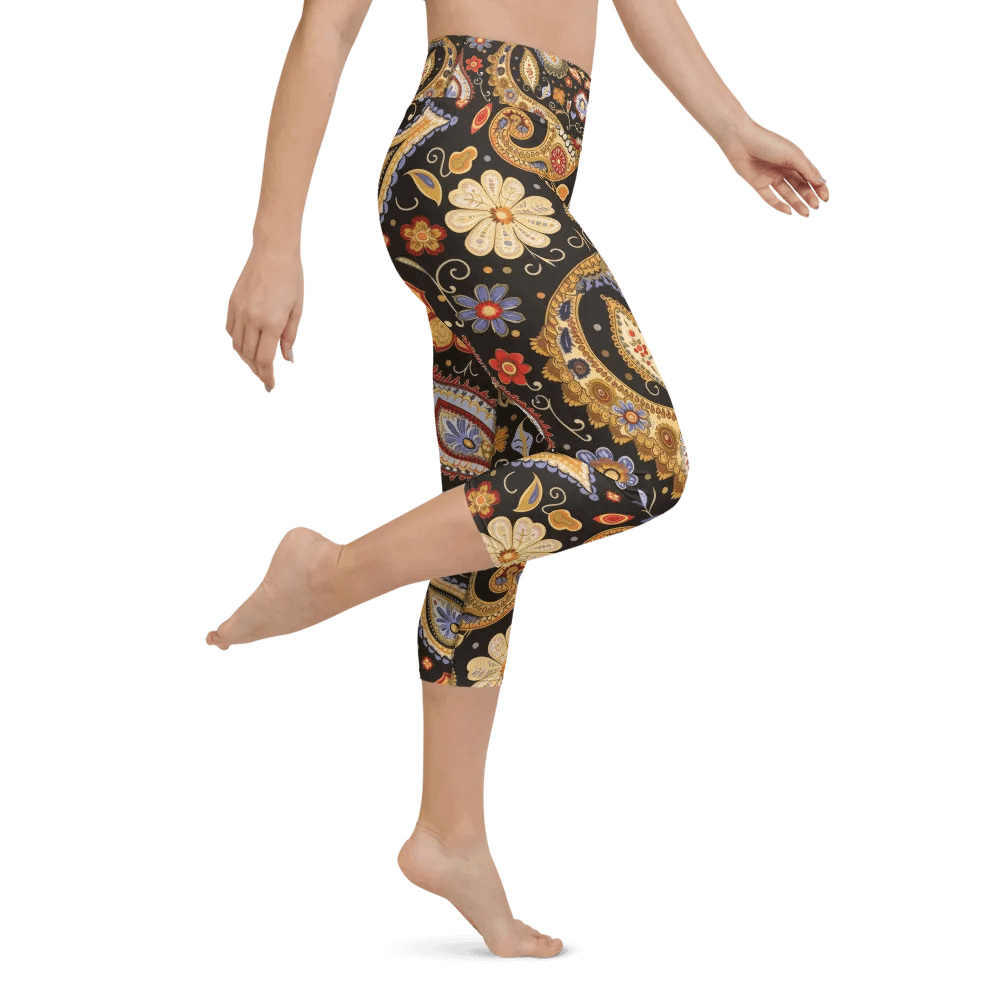 Flower Paisley Brown Yoga Capri Leggings product image (1)