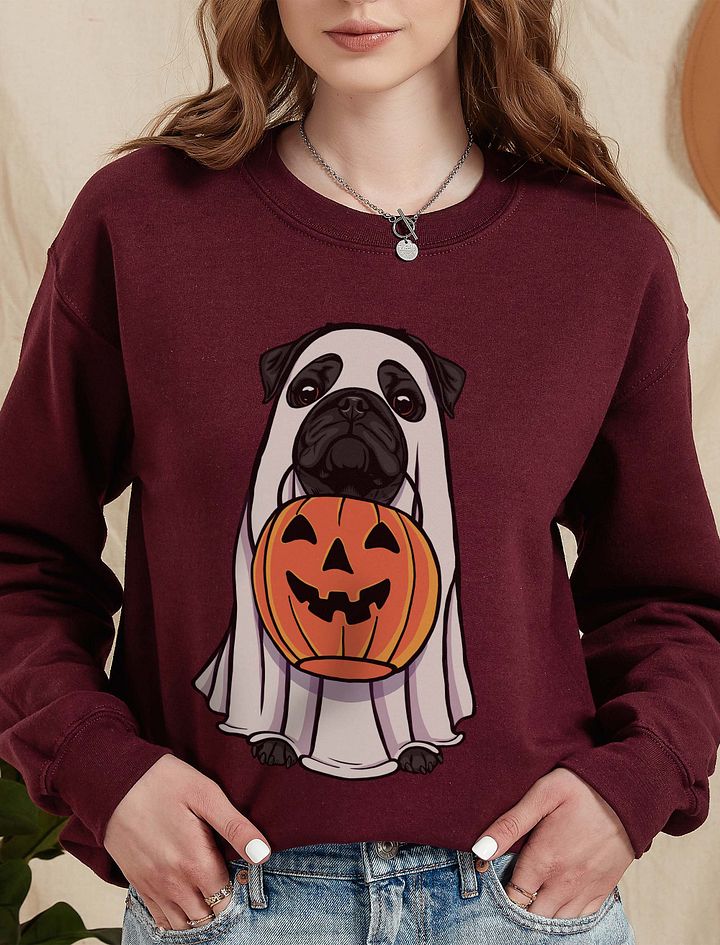 Funny Halloween Pug(Black) T-Shirt | Funny Dog Wearing a Ghost Costume and Holding a Pumpkin Basket product image (6)