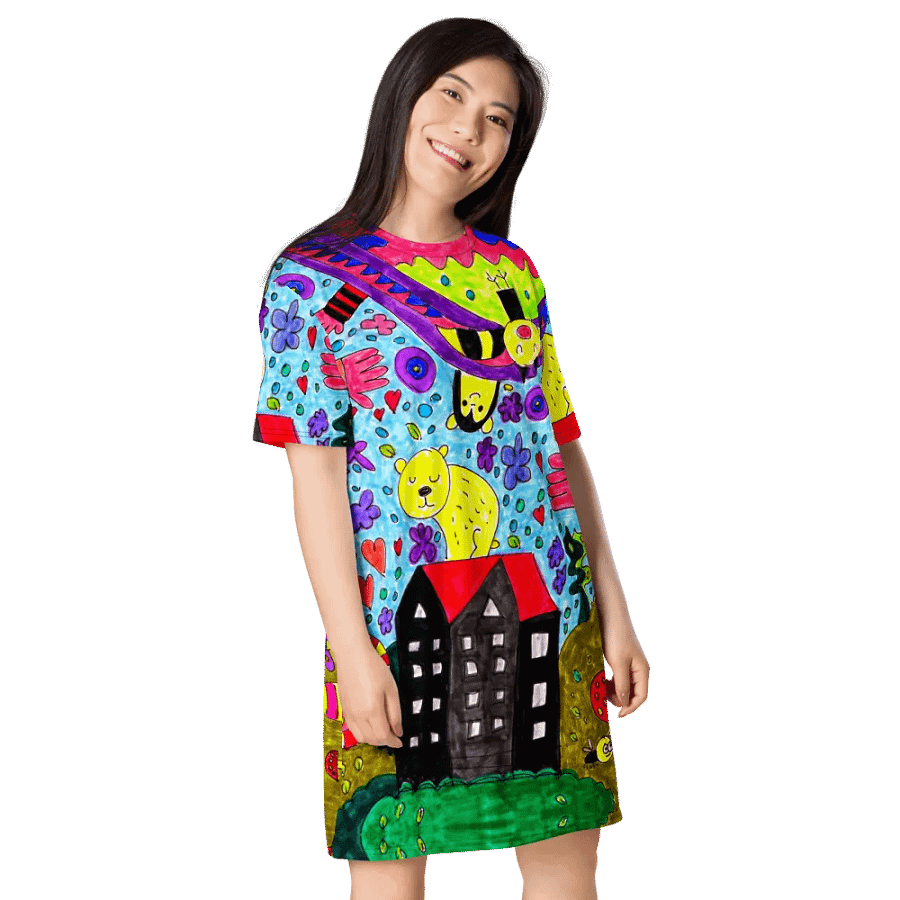 Abstract Vibrant Doodle Characters Ladies T Shirt Dress product image (6)