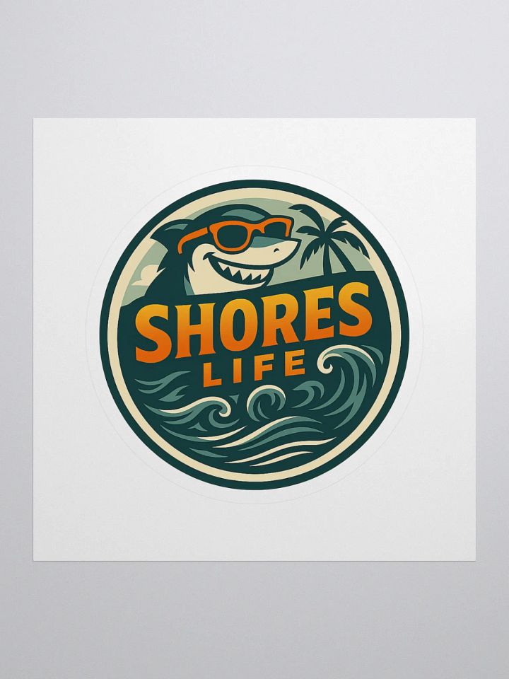 Shores Life Shark Sticker – Cool Beach Logo with Sunglasses & Waves | 4" x 4" Decal product image (1)