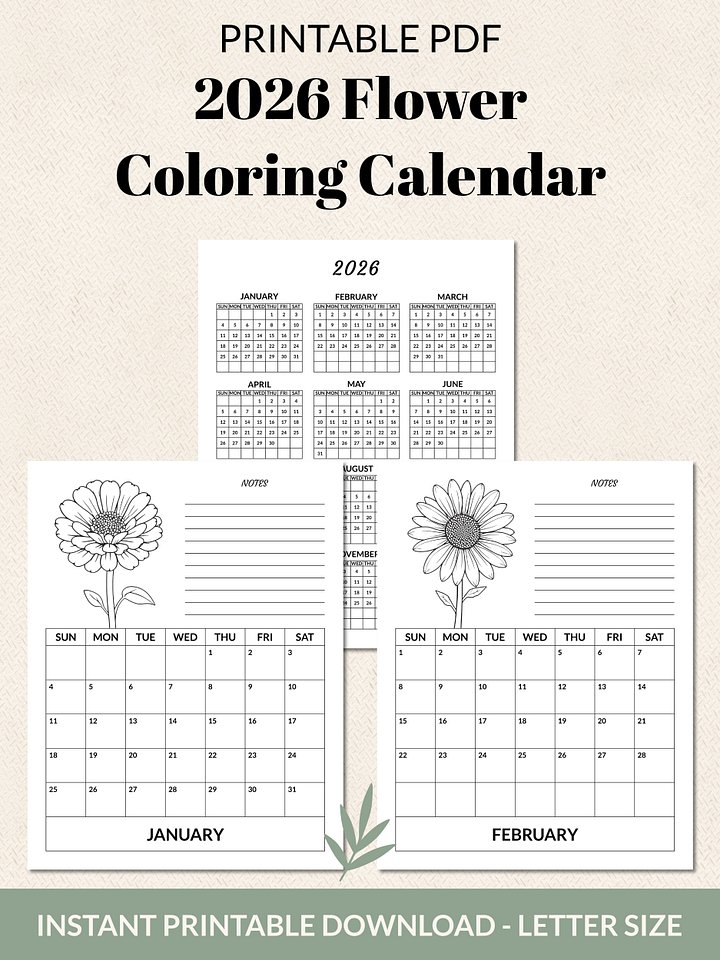 Printable 2026 Flower Coloring Calendar product image (2)
