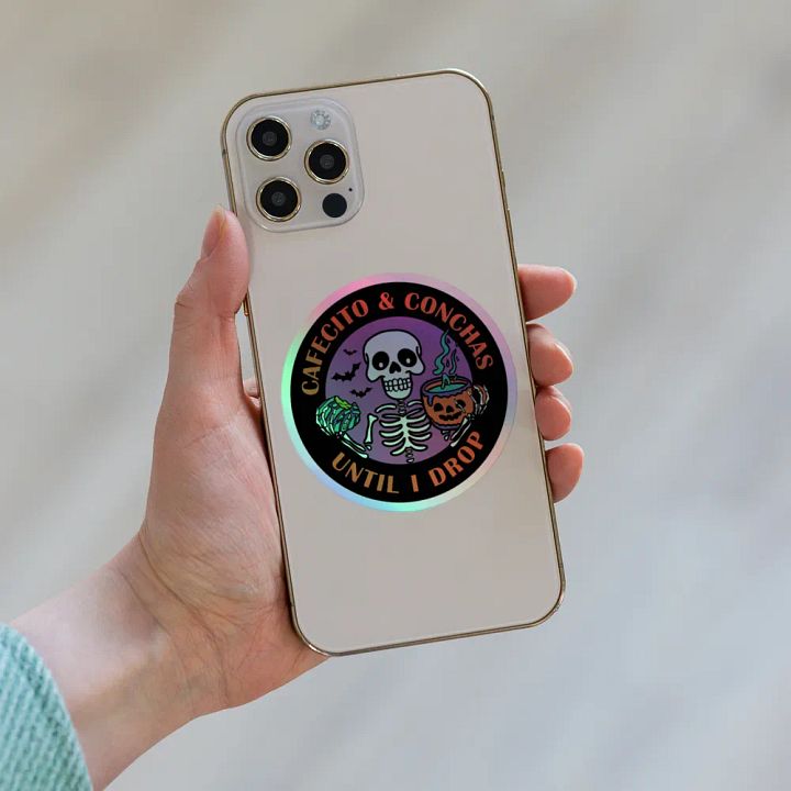 Cafecito and Conchas Halloween Skeleton Holographic Circle Sticker product image (2)