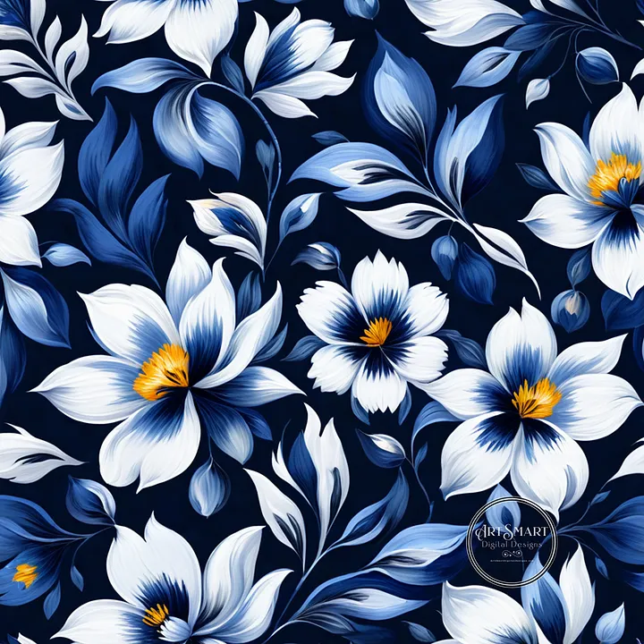 Seamless Pattern - Floral Pattern in Blue and White on Dark Blue Background product image (1)