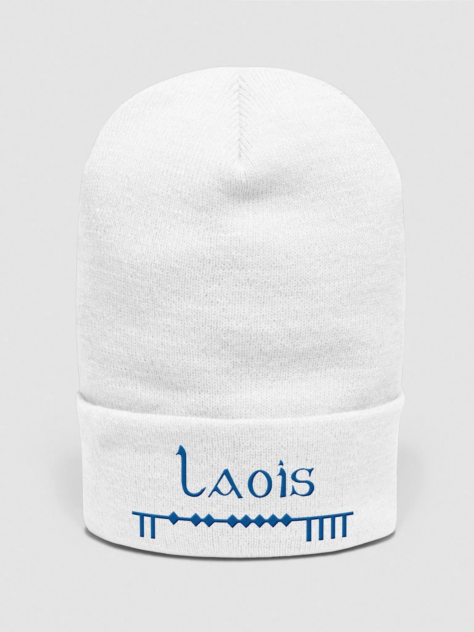 Laois Scholastic style Ogham, white with blue, embroidered Cuffed Beanie product image (1)