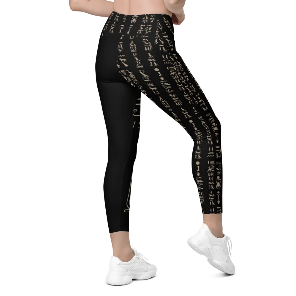 Nefertiti Black Hieroglyphs All-Over Print Crossover Leggings with Pockets product image (8)