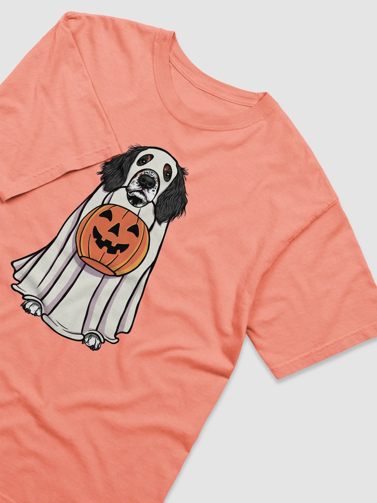 Funny Halloween Springer Spaniel(Tricolor) T-Shirt | Funny Springer Spaniel Wearing a Ghost Costume and Holding a Pumpkin Basket product image (6)