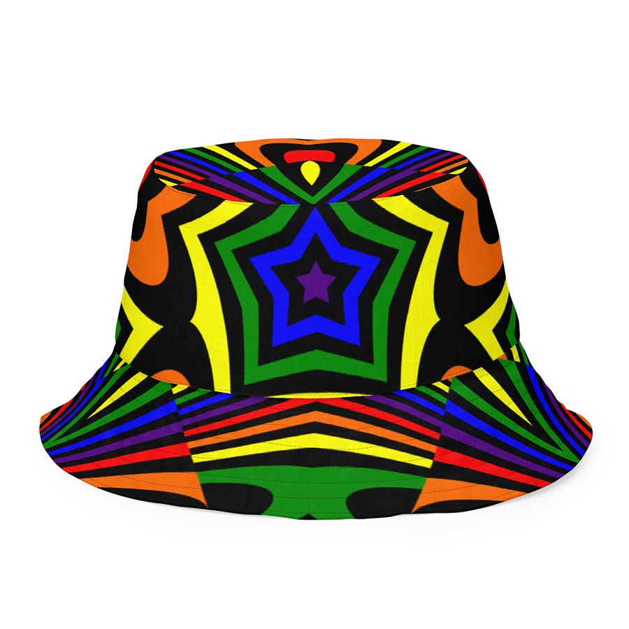 Reverisble Rainbow Bucket Hat, Queer Pride Stars Hearts Psychedelic Art Accessory product image (4)