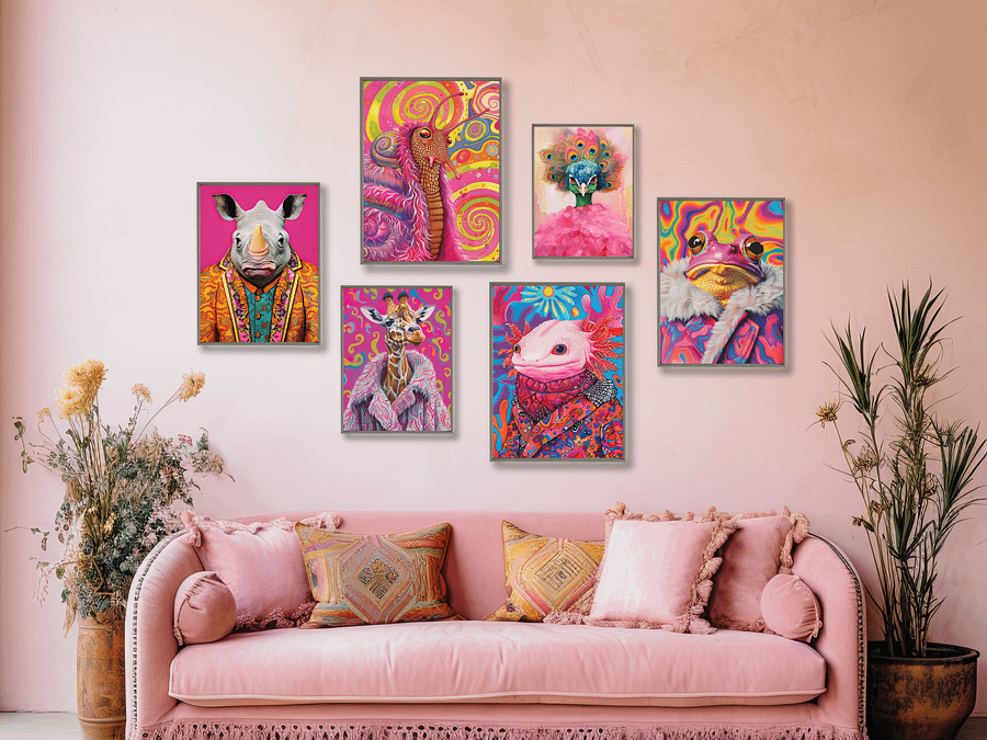 Maximalist Animal Fashion Art DIGITAL Print Set of 6 ~ Frog, Giraffe, Axolotl, Snail, Rhino, Peacock ~ product image (11)