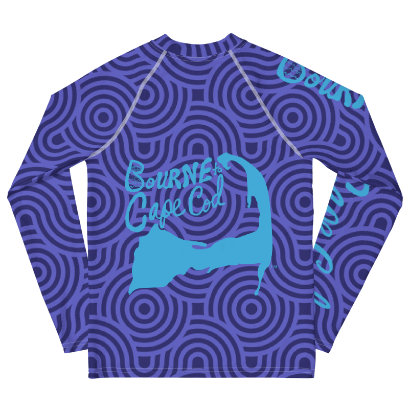 YOUTH | Rash Guard | BRN.2C.C.™ Front Graphic | BOURNE to Cape Cod™ Sleeve & Back Logo | Coastal Swim Shirt for Kids | UV Protection Activewear | Blue Logo on Mod Circles product image (2)