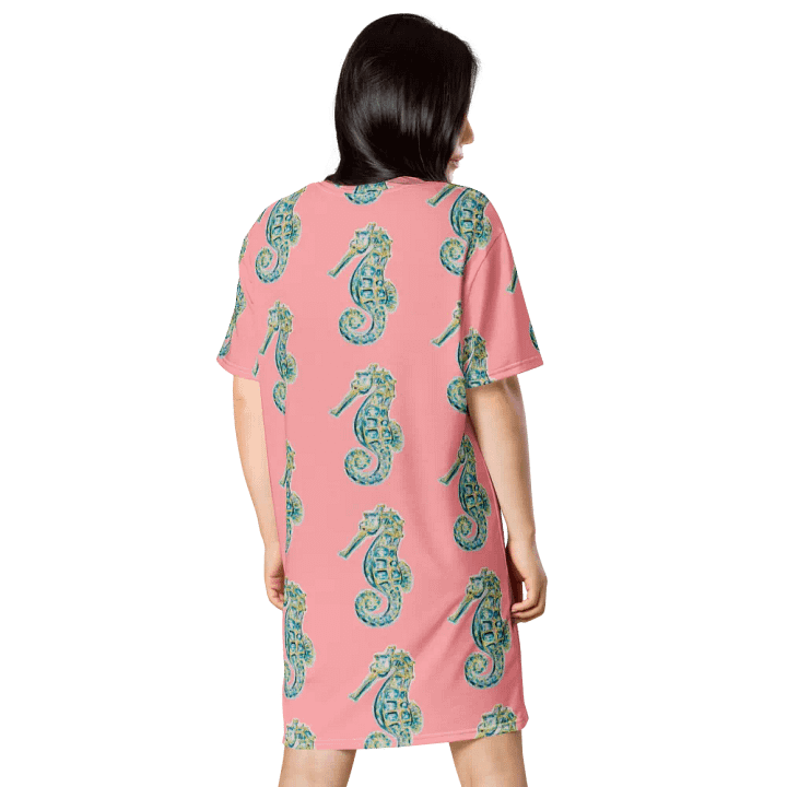 Women's | Ocean Majesty | Painted Seahorse | T-Shirt Dress | Coastal Oversized Dress | Ocean-Inspired Casual Style | Wewak Pink Background product image (2)
