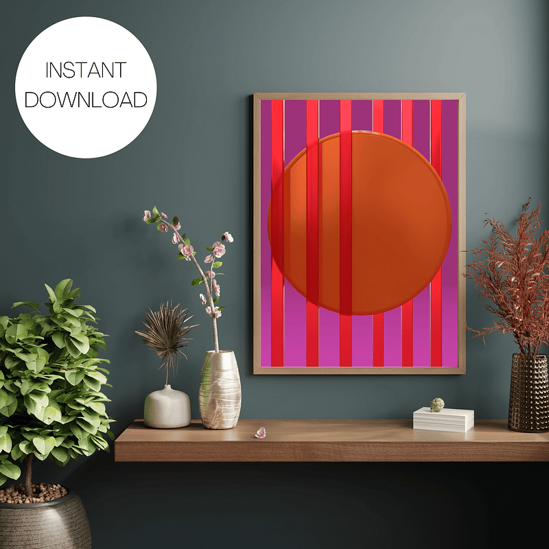Minimalist 3D Digital Art | Pink Lines Orange Circle on Plum Background