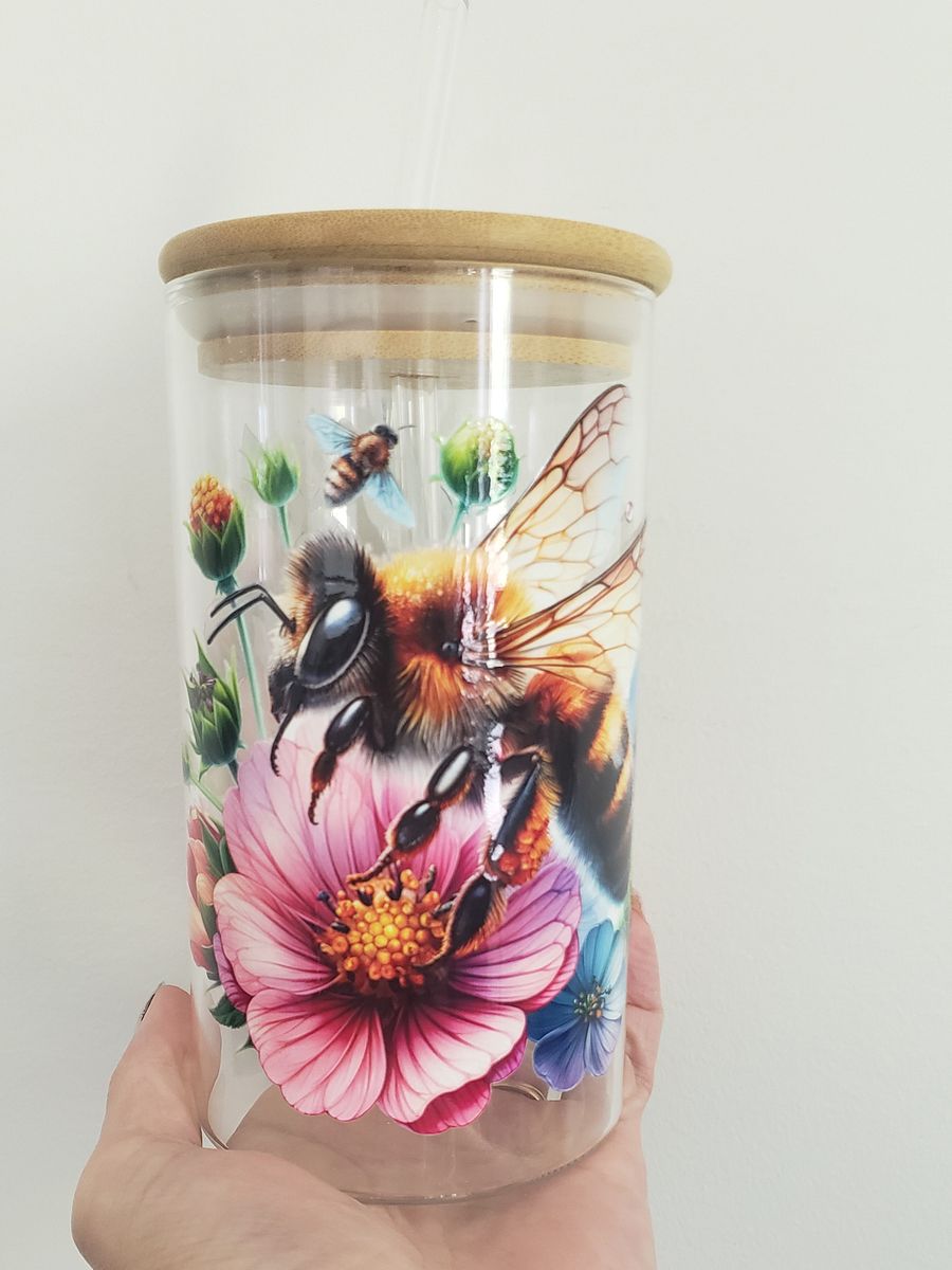 Vibrant Love Bees Tumbler: Eco-Friendly Glass Jar with Bee and Wildflower Artwork product image (2)