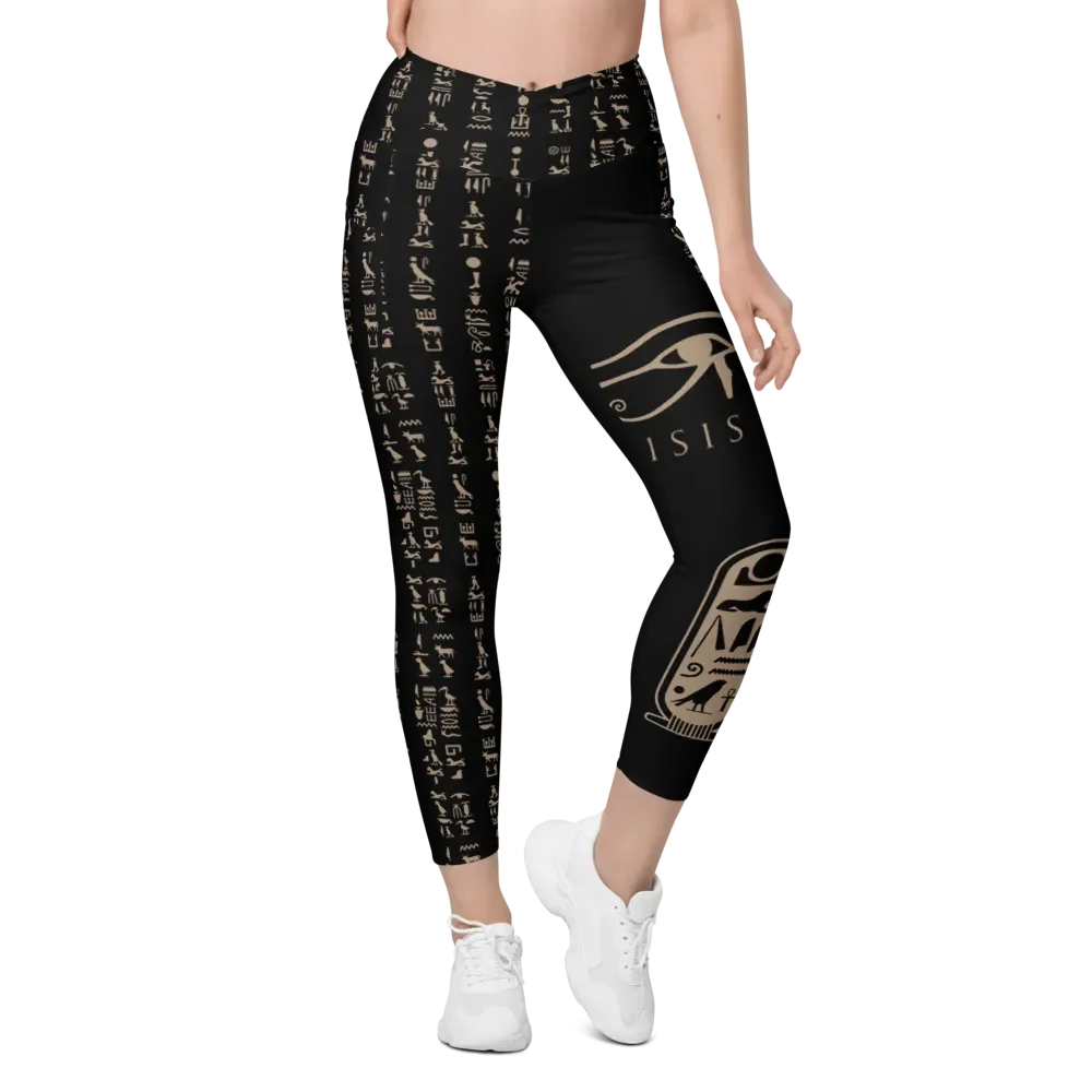 Nefertiti Black Hieroglyphs All-Over Print Crossover Leggings with Pockets product image (1)