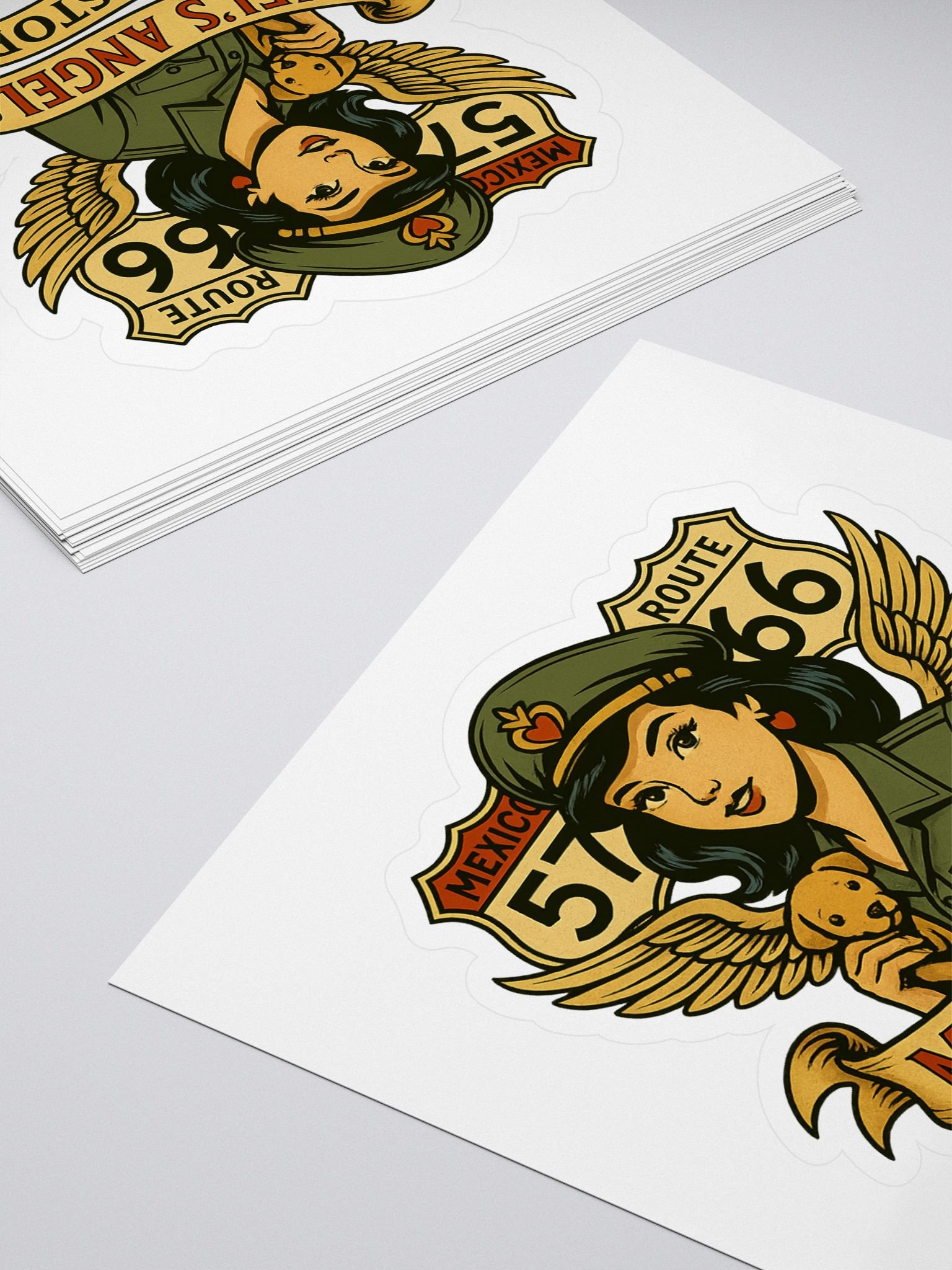 Mel’s Angels Pit Stop Kiss-Cut Sticker – Retro Biker Pin-Up with Dog & Route 66 Design product image (4)