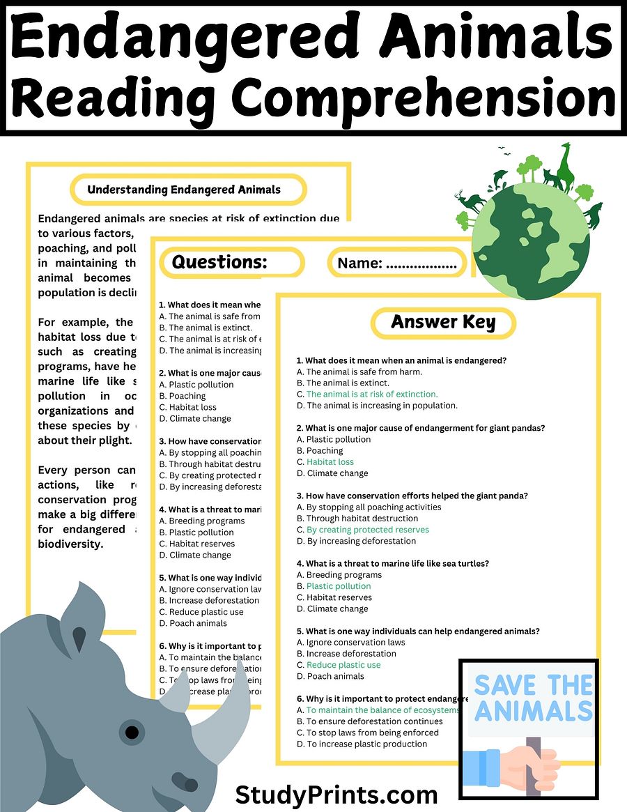 Endangered Animals Reading Passage with Comprehension Questions product image (1)