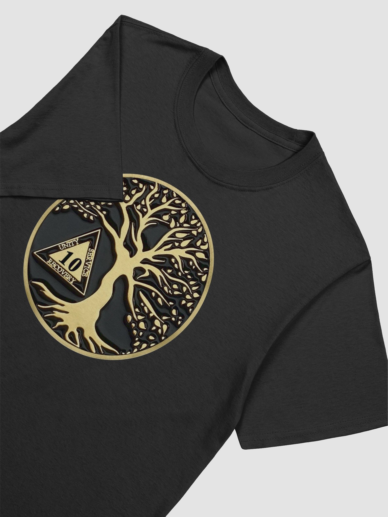 Twisted Tree of Life 10th Year Sobriety Black & Gold Medallion | Recovery T-Shirt Inspiring Sobriety product image (2)